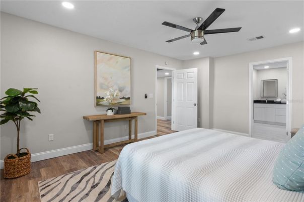 Bedroom, Interior, Recessed Lighting, Wood Texture Flooring