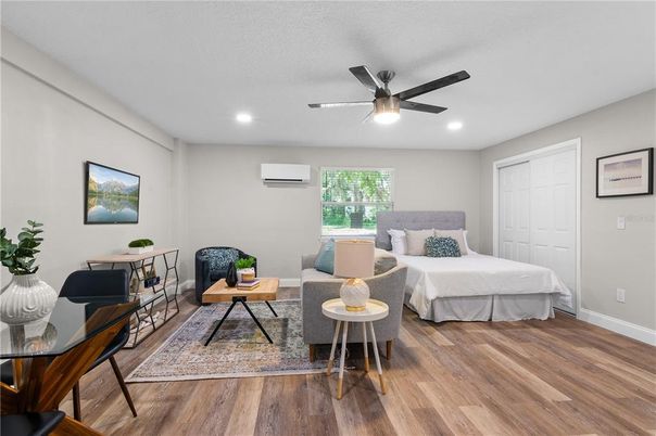 Bedroom, Interior, Recessed Lighting, Wood Texture Flooring