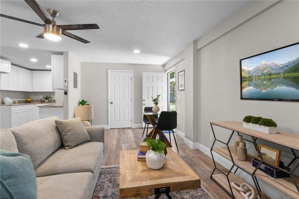 Interior, Kitchen, Living room, Recessed Lighting, Wood Texture Flooring