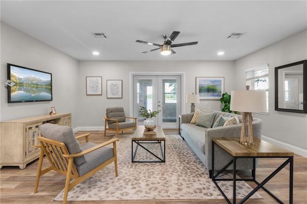 Interior, Living room, Recessed Lighting, Wood Texture Flooring