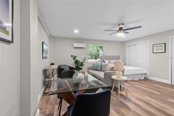 Bedroom, Interior, Living room, Recessed Lighting, Wood Texture Flooring