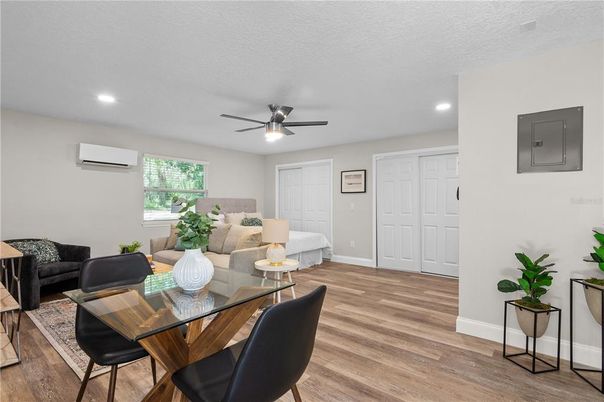 Dining room, Interior, Living room, Recessed Lighting, Wood Texture Flooring
