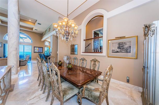 Chandelier, Dining room, Interior, Marble, Recessed Lighting