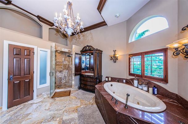 Bathroom, Chandelier, Glass Shower, Interior, Wooden Beams