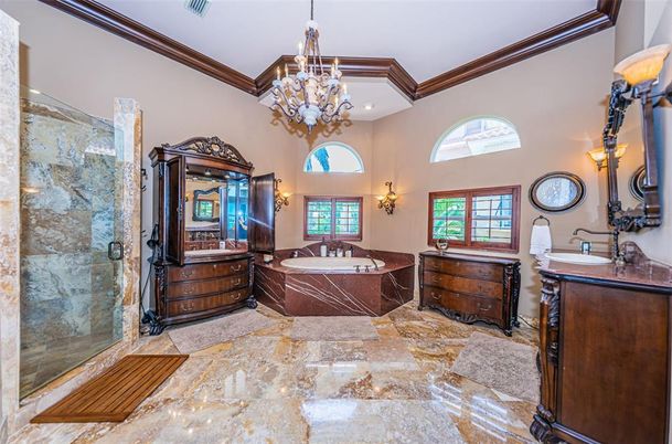 Bathroom, Chandelier, Glass Shower, Interior