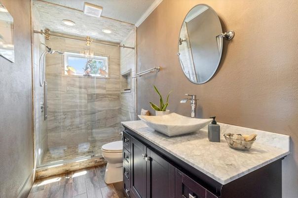 Bathroom, Glass Shower, Interior, Recessed Lighting, Wood Texture Flooring
