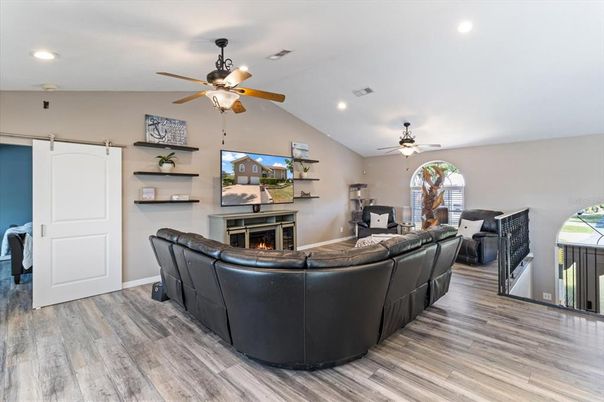 Fireplace, Interior, Living room, Recessed Lighting, Wood Texture Flooring