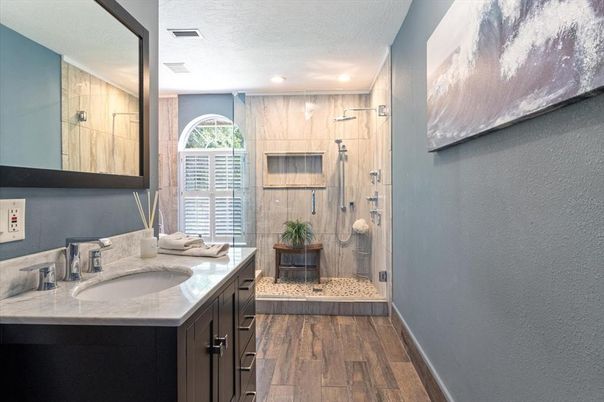 Bathroom, Glass Shower, Interior, Recessed Lighting, Wood Texture Flooring