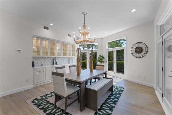 Chandelier, Dining room, Interior, Recessed Lighting, Wood Texture Flooring
