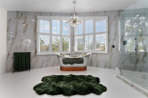 Bathroom, Glass Shower, Interior, Marble Walls, Pendant Lights