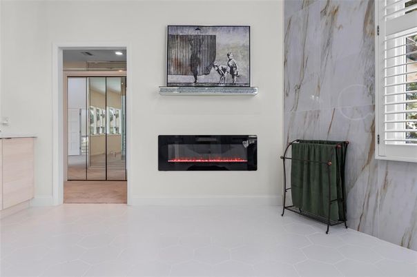 Fireplace, Interior, Marble Walls, Recessed Lighting