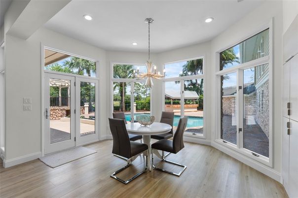 Dining room, Interior, Pendant Lights, Recessed Lighting, Wood Texture Flooring