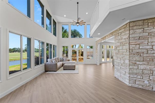 Interior, Recessed Lighting, Stone Walls, Wood Texture Flooring