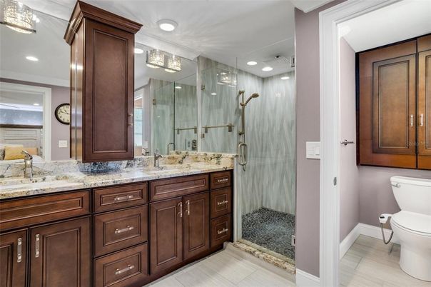 Bathroom, Dual Sink Vanities, Glass Shower, Interior, Recessed Lighting