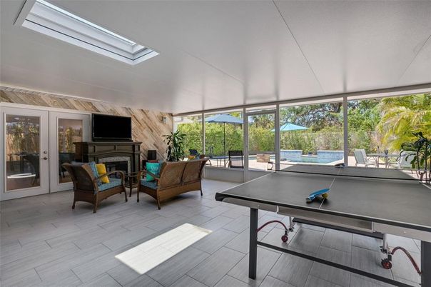 Fireplace, Game Room, Interior, Sun Room, Wooden Walls