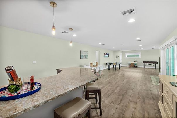Dining room, Interior, Pendant Lights, Recessed Lighting, Wood Texture Flooring