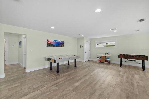 Game Room, Interior, Recessed Lighting, Wood Texture Flooring
