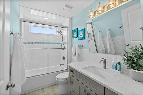 Bathroom, Glass Shower, Interior, Recessed Lighting, Wood Texture Flooring