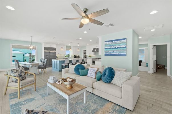 Dining room, Interior, Kitchen, Living room, Pendant Lights, Recessed Lighting, Stainless Steel Appliances, Wood Texture Flooring