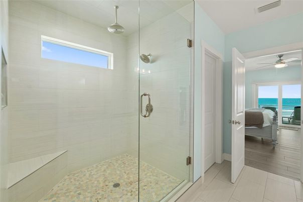 Bathroom, Glass Shower, Interior, Water, Wood Texture Flooring