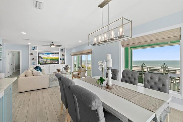 Dining room, Interior, Living room, Pendant Lights, Recessed Lighting, Water, Wood Texture Flooring