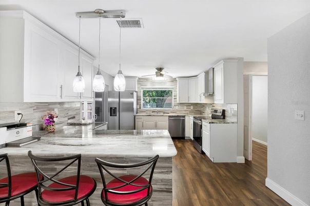 Interior, Kitchen, Pendant Lights, Stainless Steel Appliances, Wood Texture Flooring