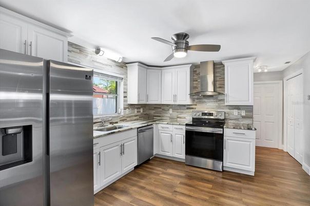 Interior, Kitchen, Stainless Steel Appliances, Wood Texture Flooring