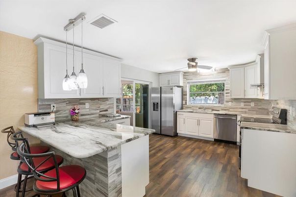 Interior, Kitchen, Pendant Lights, Stainless Steel Appliances, Wood Texture Flooring