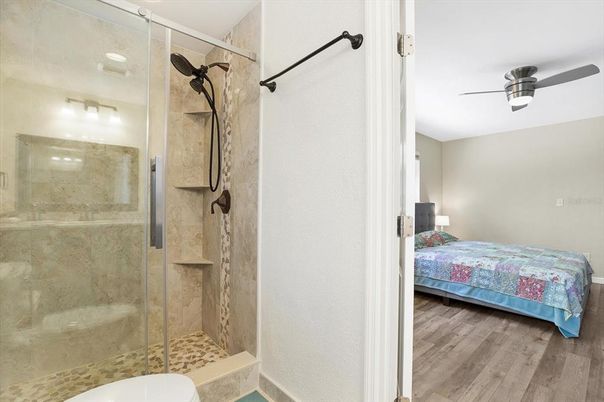 Bathroom, Bedroom, Glass Shower, Interior, Wood Texture Flooring