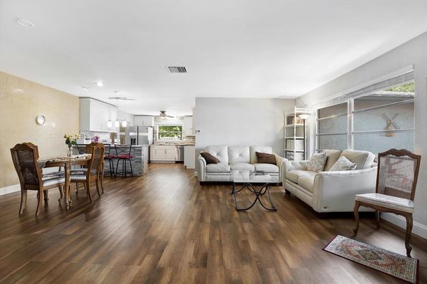 Dining room, Interior, Kitchen, Living room, Pendant Lights, Wood Texture Flooring