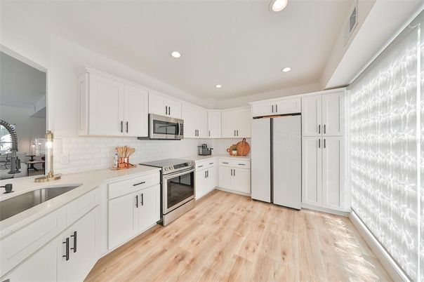 Interior, Kitchen, Recessed Lighting, Stainless Steel Appliances, Wood Texture Flooring