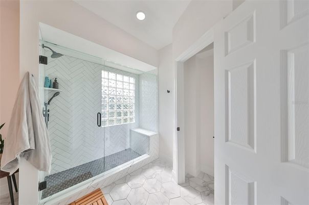 Bathroom, Glass Shower, Interior, Marble, Recessed Lighting