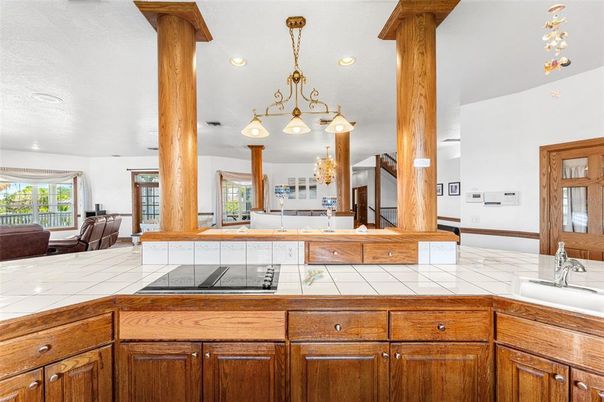 Chandelier, Interior, Kitchen, Recessed Lighting, Tile Countertops