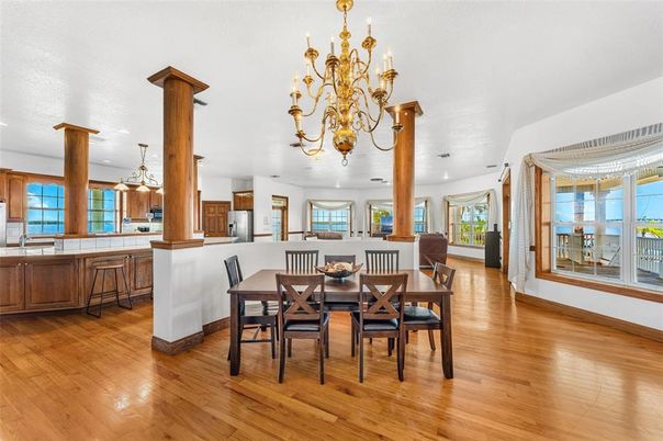 Chandelier, Dining room, Interior, Pendant Lights, Wood Texture Flooring