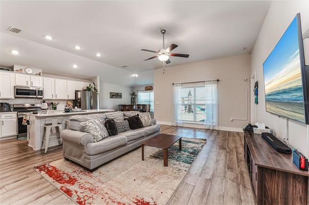 Interior, Kitchen, Living room, Recessed Lighting, Stainless Steel Appliances, Wood Texture Flooring
