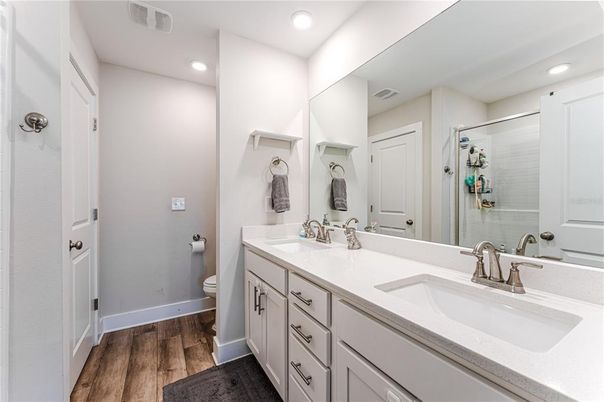 Bathroom, Dual Sink Vanities, Interior, Recessed Lighting, Wood Texture Flooring