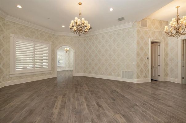 Chandelier, Empty room, Interior, Recessed Lighting, Wood Texture Flooring