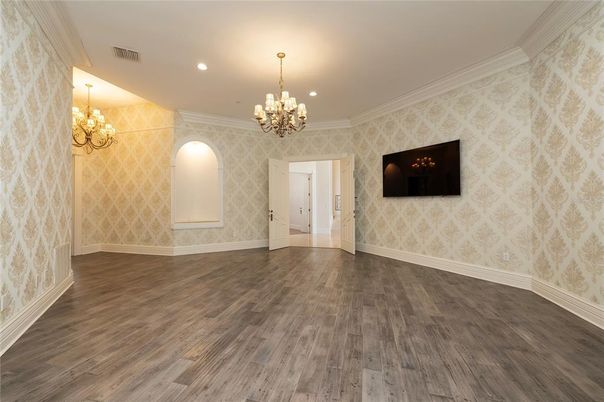 Chandelier, Empty room, Interior, Recessed Lighting, Wood Texture Flooring