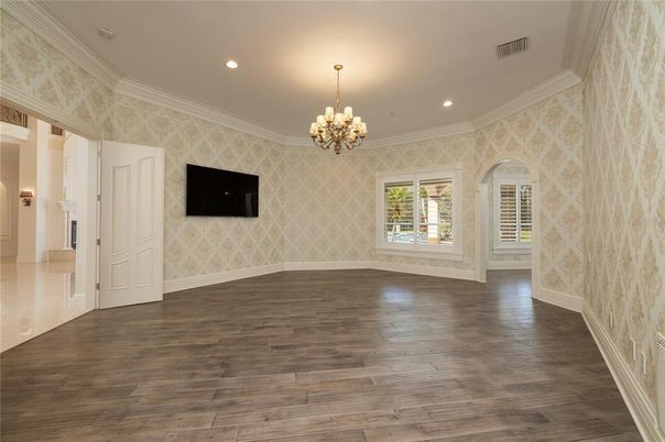 Chandelier, Empty room, Interior, Recessed Lighting, Wood Texture Flooring