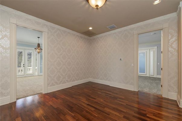 Empty room, Interior, Pendant Lights, Recessed Lighting, Wood Texture Flooring