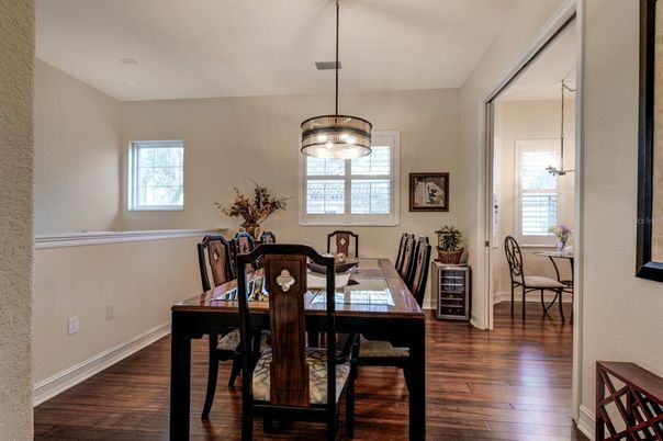 Dining room, Interior, Pendant Lights, Wood Texture Flooring