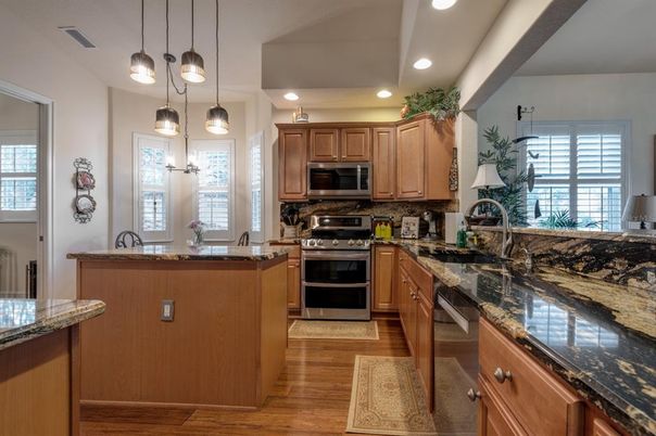 Interior, Kitchen, Pendant Lights, Recessed Lighting, Stainless Steel Appliances, Wood Texture Flooring