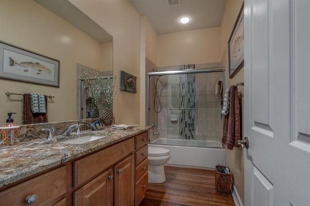 Bathroom, Glass Shower, Interior, Recessed Lighting, Wood Texture Flooring