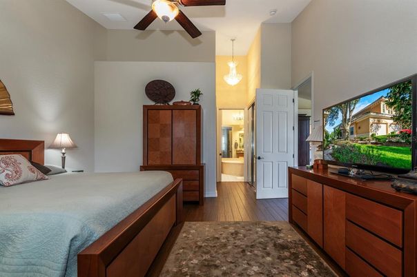 Bedroom, Interior, Pendant Lights, Wood Texture Flooring