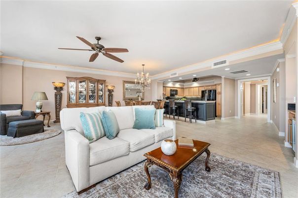Chandelier, Dining room, Interior, Kitchen, Living room, Recessed Lighting, Stainless Steel Appliances