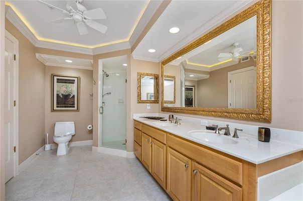 Bathroom, Dual Sink Vanities, Glass Shower, Interior, Recessed Lighting