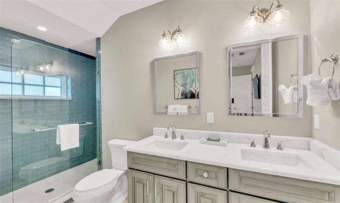 Bathroom, Dual Sink Vanities, Glass Shower, Interior, Recessed Lighting