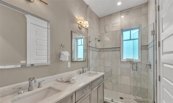 Bathroom, Dual Sink Vanities, Glass Shower, Interior, Recessed Lighting