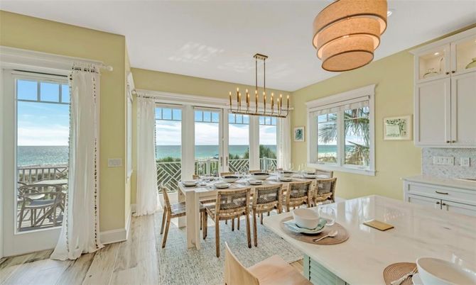 Dining room, Interior, Pendant Lights, Recessed Lighting, Water, Wood Texture Flooring