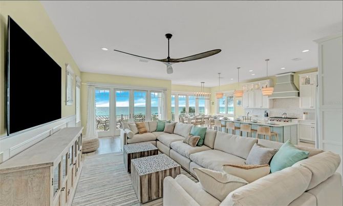 Dining room, Interior, Kitchen, Living room, Pendant Lights, Recessed Lighting, Water, Wood Texture Flooring